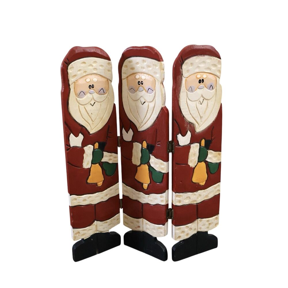 Vintage Handmade Carved Wooden Santa Folding Panel Christmas Decor Folk Art